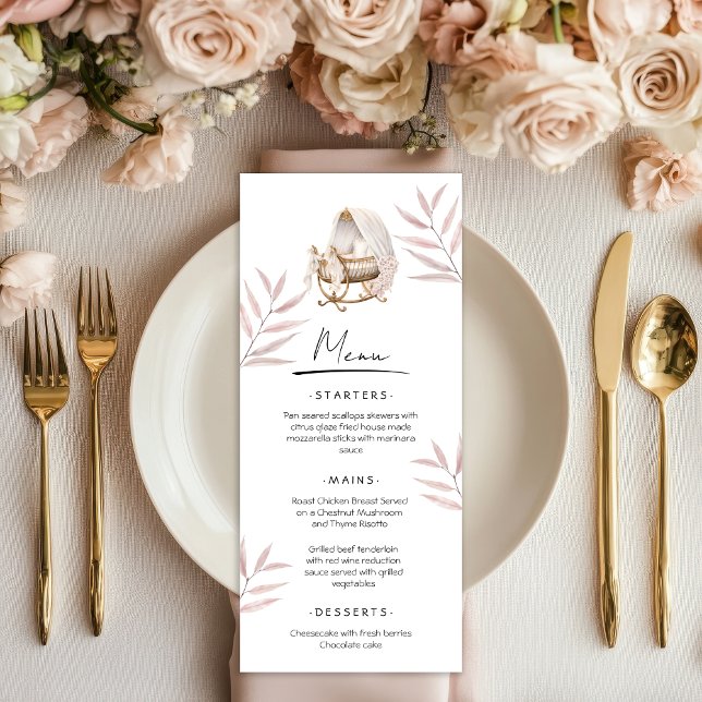 Menu Card Baby Shower Brunch Dusty Pink Gold Leave (Criador carregado)