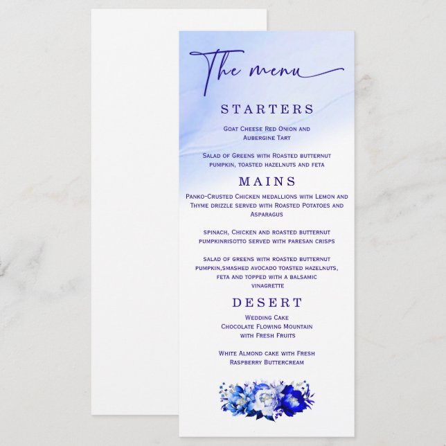 Menu Cardápio Azul e Prata de Casamento Elegante (Frente/Verso)