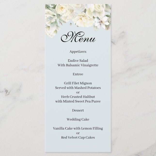 Menu cardápio azul-pó de Rosas Brancas (Frente)