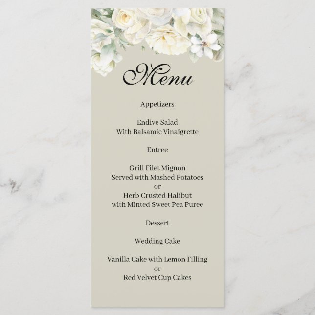 Menu Cardápio Bege Rosas Brancas (Frente)