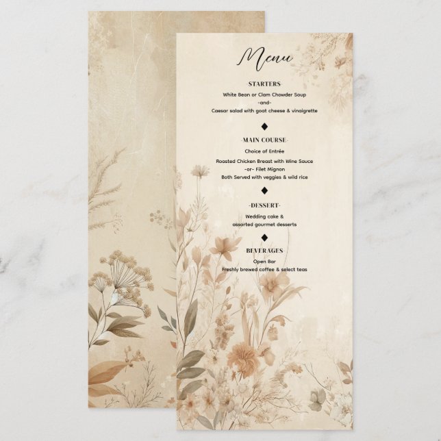 Menu Cardápio Botânico Floral Delicado Vintage Boho (Frente/Verso)