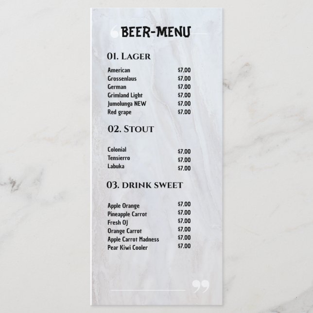 Menu Cardápio Cerveja Bebida Plana (Frente)
