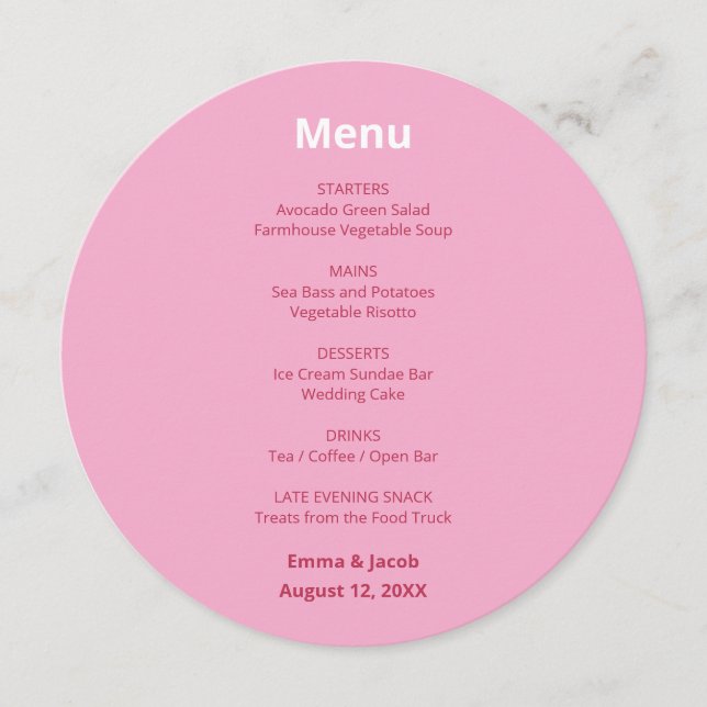 Menu Cardápio Circular Casamento Moderno Rosa Magenta (Frente)