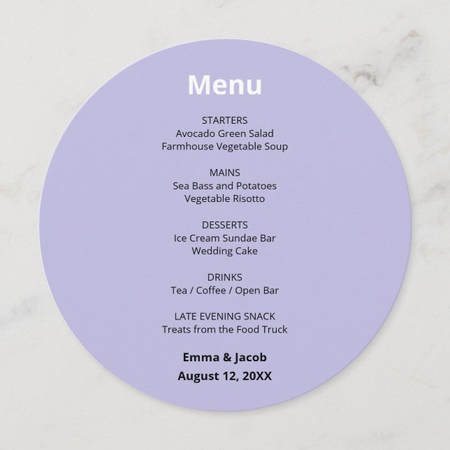 Menu Cardápio Circular Casamento Roxo Claro Moderno (Frente)