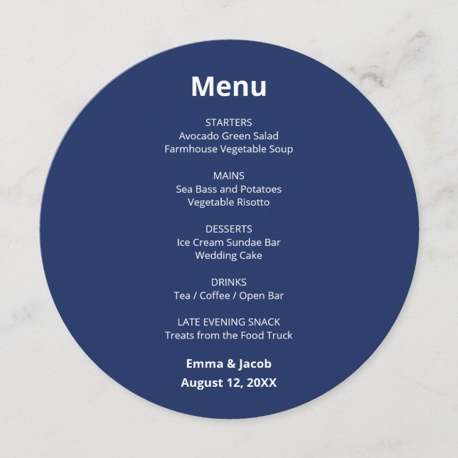 Menu Cardápio Circular de Casamento Azul Marinho Modern (Frente)