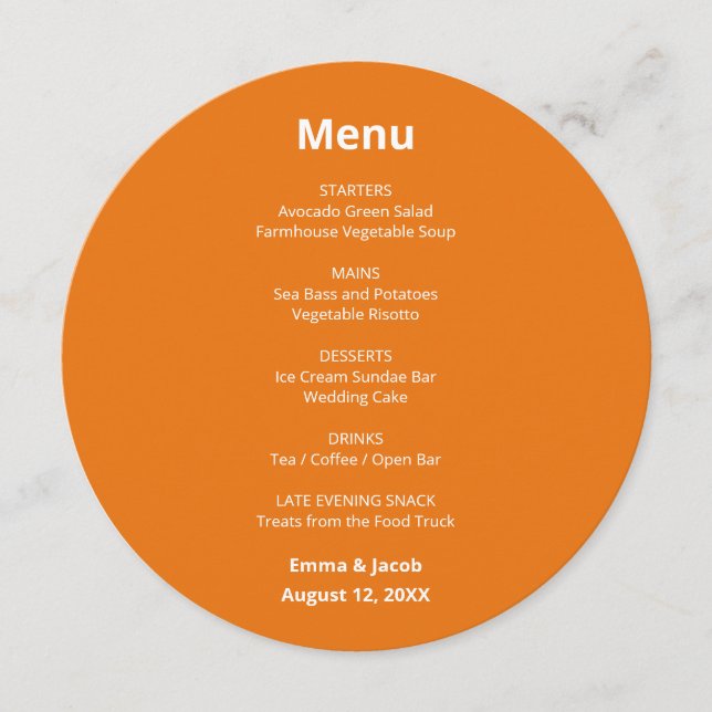 Menu Cardápio Circular de Casamento Laranja Moderno e V (Frente)