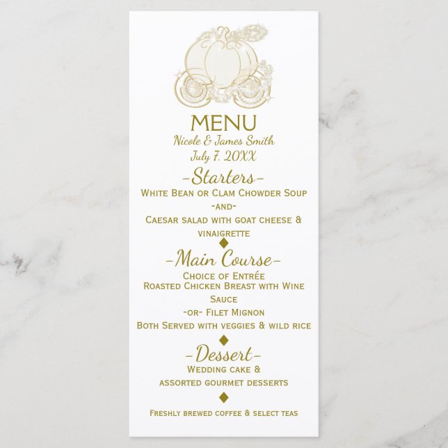 Menu Cardápio da Carruagem da Cinderela Dourada da Prin (Frente)