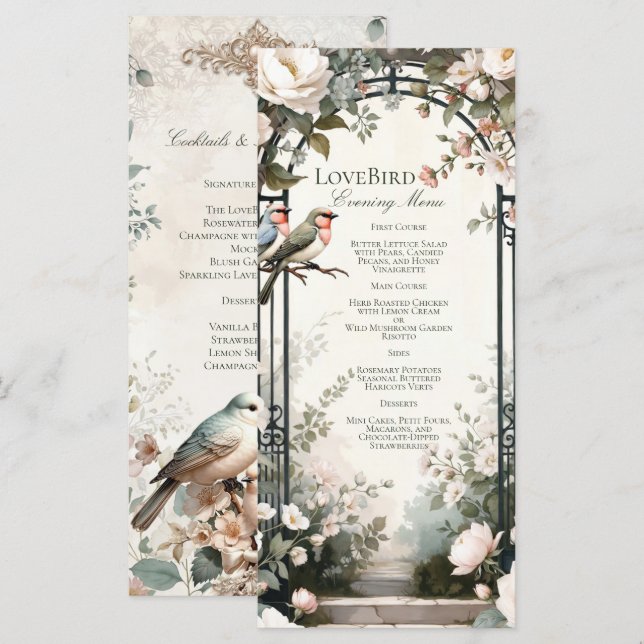 Menu Cardápio da Festa de Engajamento Floral LoveBird (Frente/Verso)