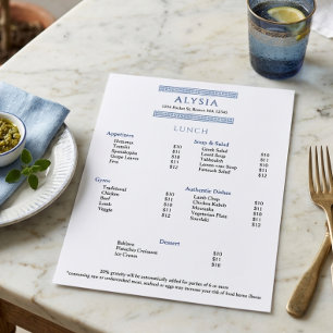 Menu Cardápio de Almoço de Restaurante Grego Simples e
