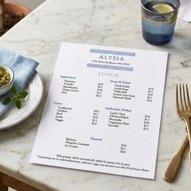Menu Cardápio de Almoço de Restaurante Grego Simples e  (Criador carregado)