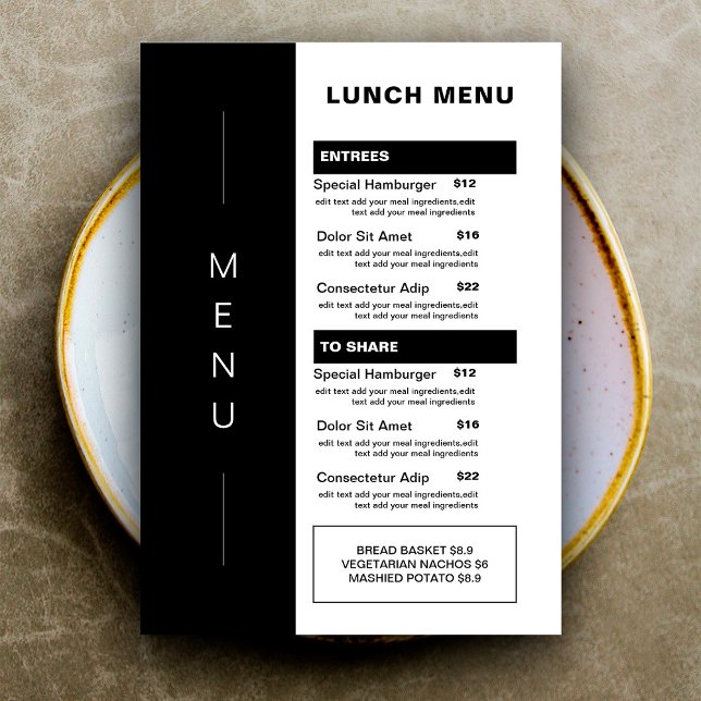 Menu Cardápio de Almoço de Restaurante Preto Moderno |  (Criador carregado)