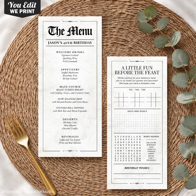 Menu Cardápio de Aniversário Personalizado, Interativo  (Custom Birthday Menu, Black White Interactive Menu)