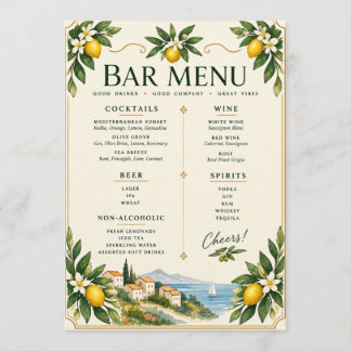 Menu Cardápio de Bar de Casamento com Limão Mediterrâne