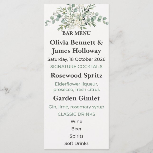 Menu Cardápio de Bar de Casamento no Jardim Botânico (Frente)