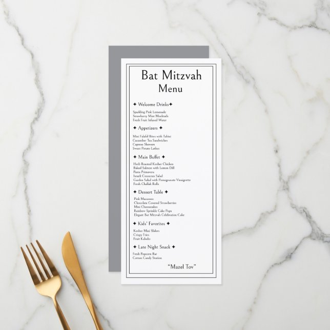 Menu Cardápio de Bat Mitzvah, Receita Simples Moderna T (Frente/Verso In Situ)
