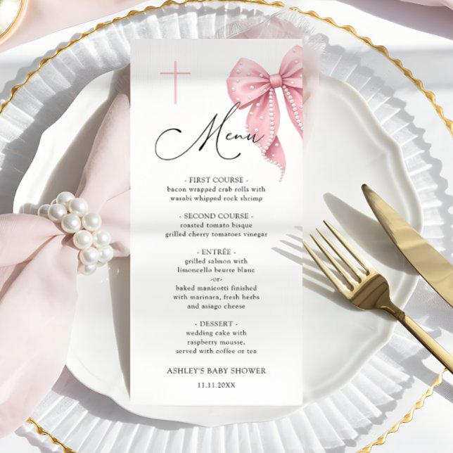 Menu Cardápio de Batismo com Laço Rosa Elegante (Criador carregado)