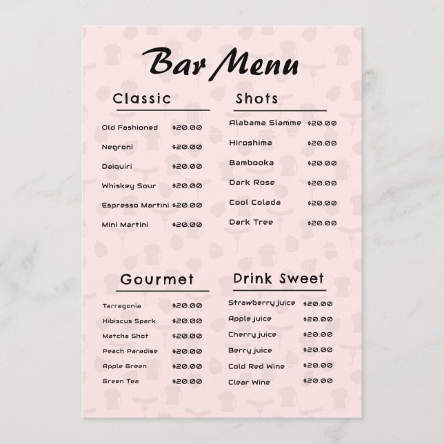 Menu Cardápio de Bebidas Barra Simples Rosa (Frente)