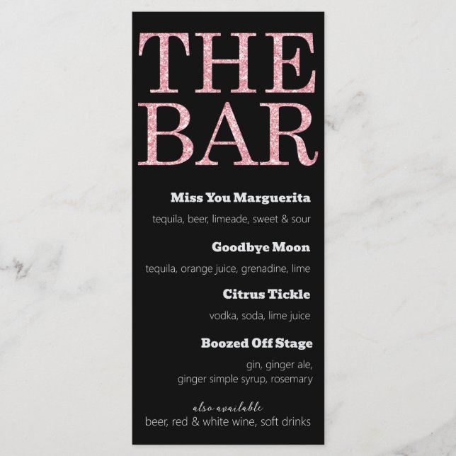 Menu Cardápio de Bebidas com Brilho Preto e Rosa para O (Frente)