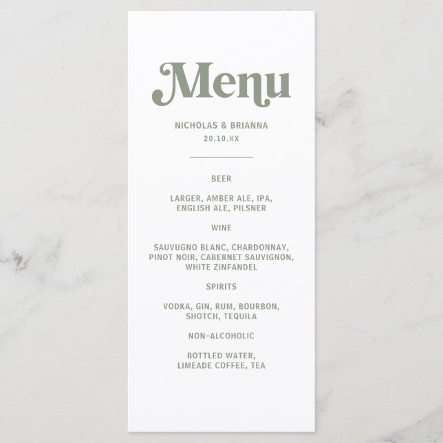 Menu Cardápio de Bebidas de Casamento Boho Retro Sage V (Frente)