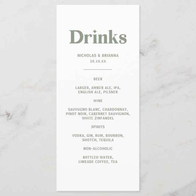 Menu Cardápio de Bebidas de Casamento Boho Retro Sage V (Frente)