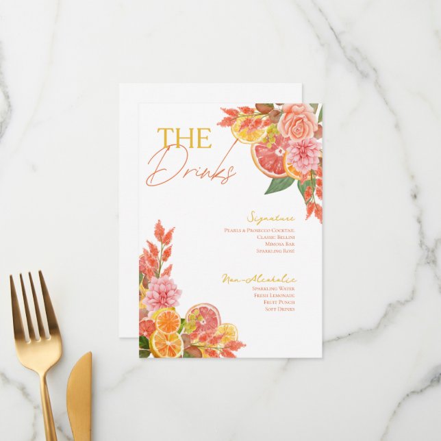 Menu Cardápio de Bebidas para Chá de Noiva Floral Cítri (Frente/Verso In Situ)