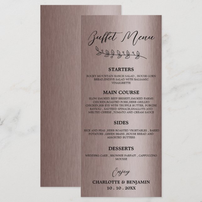 Menu Cardápio de Buffet de Casamento Marrom Metálico  (Frente/Verso)