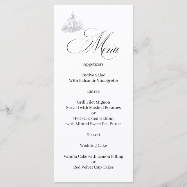 Menu Cardápio de Caligrafia de Igreja Preto e Branco (Frente)