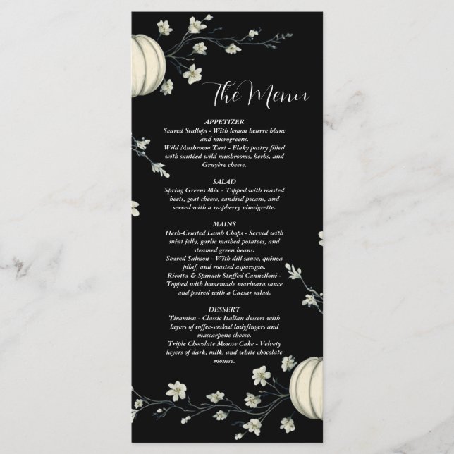 Menu Cardápio de Casamento Abóbora de Outono Preto (Frente)
