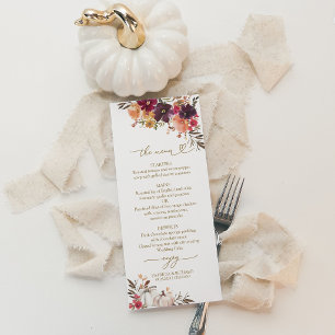 Menu Cardápio de Casamento Abóbora Floral Borgonha 'Se