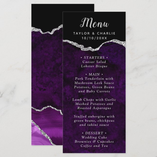 Menu Cardápio de Casamento Ágata Roxo e Prata (Frente/Verso)