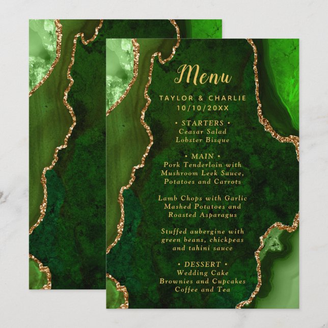 Menu Cardápio de Casamento Ágata Verde e Dourado (Frente/Verso)