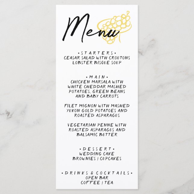 Menu Cardápio de Casamento Amarelo Branco Desenhado à M (Frente)