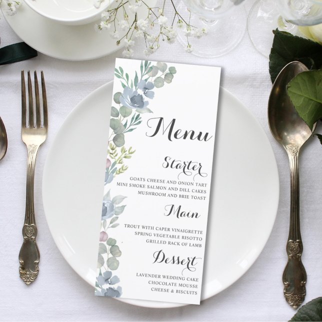 Menu Cardápio de Casamento Aquarela Azul Empoeirado Flo (Criador carregado)