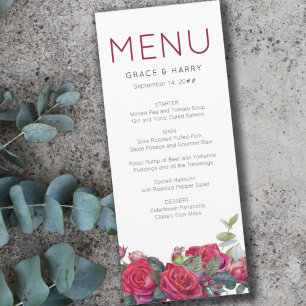 Menu Cardápio de Casamento Aquarela Rosa Vermelha