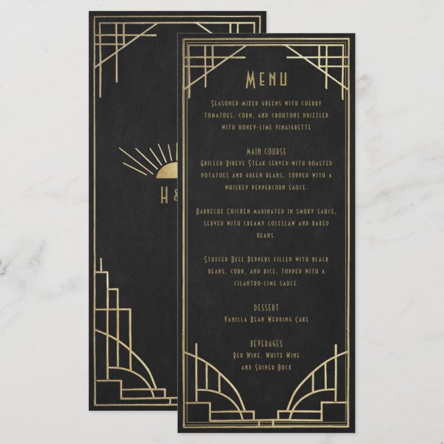 Menu cardápio de casamento art déco dourado (Frente/Verso)