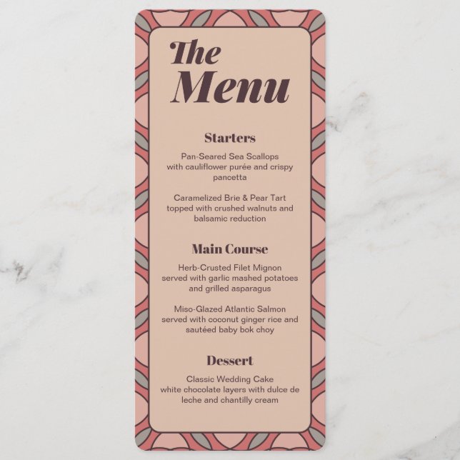 Menu Cardápio de Casamento Art Déco Terracota e Rosa Em (Frente)
