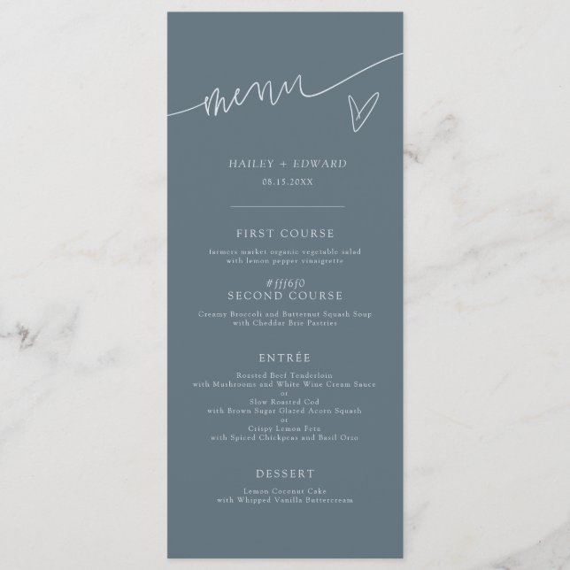 Menu Cardápio de Casamento Azul Arde Modern Script (Frente)