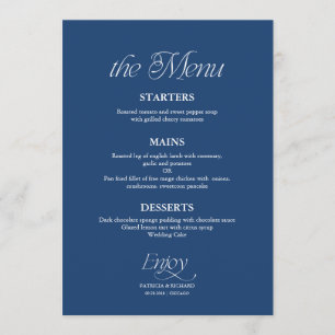 Menu Cardápio de Casamento Azul Cobalto Minimalista Mod