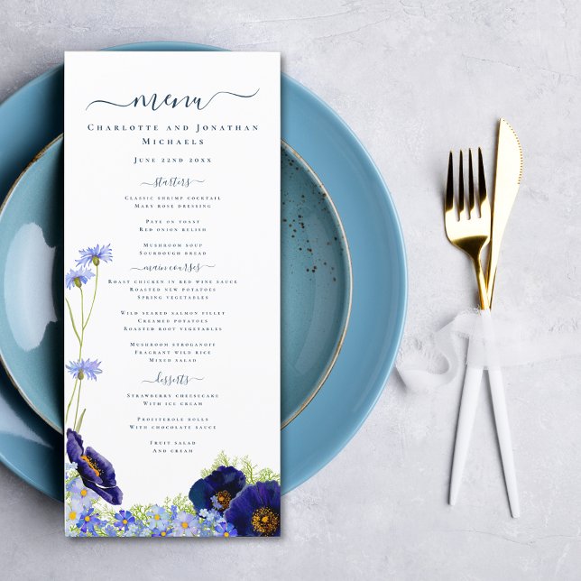 Menu Cardápio de Casamento Azul com Flores Silvestres M (Elegant wildflower summer floral wedding menu with modern typography script)