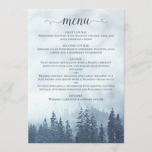 Menu Cardápio de Casamento Azul com Pinheiros da Montan (Frente)