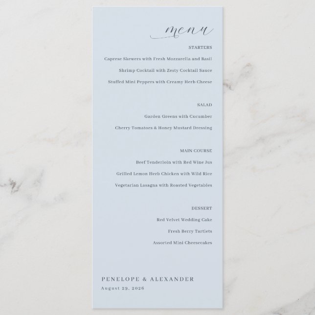 Menu Cardápio de Casamento Azul Elegante (Frente)