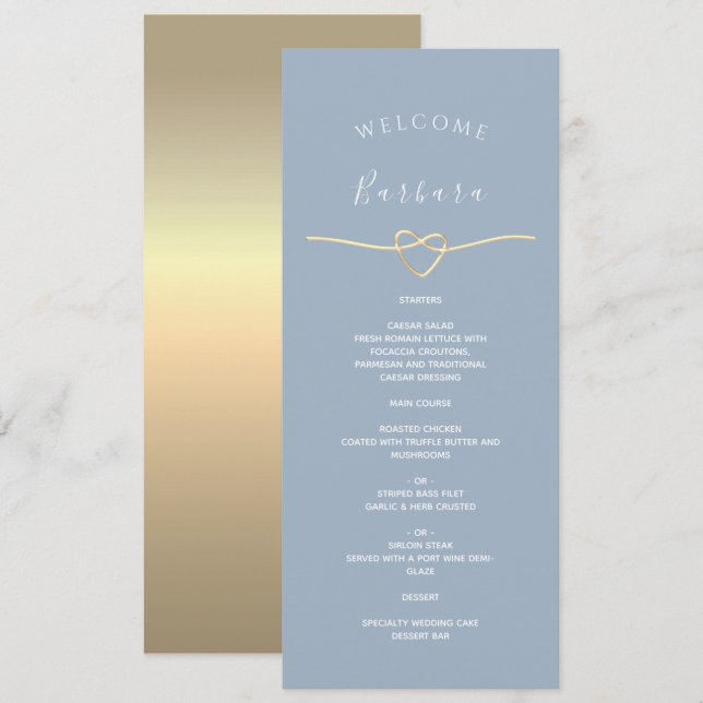 Menu Cardápio de Casamento Azul Empoeirado com Nome do  (Frente/Verso)
