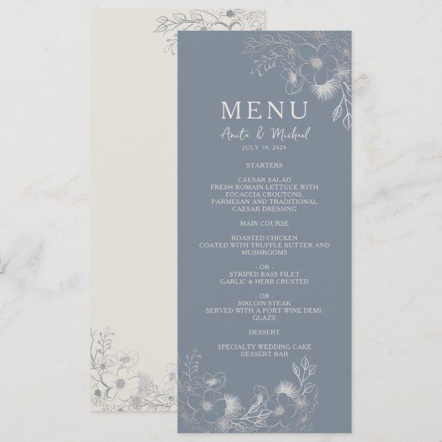 Menu Cardápio de casamento azul empoeirado vintage (Frente/Verso)