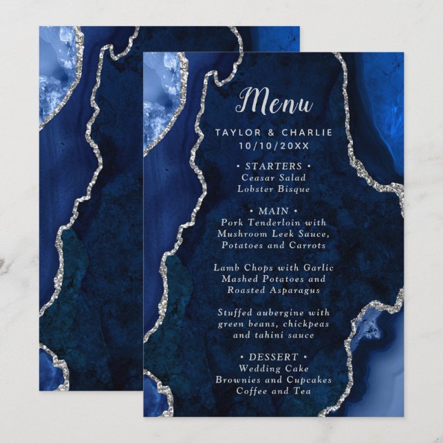 Menu Cardápio de Casamento Azul Marinho e Ágata Pratead (Frente/Verso)