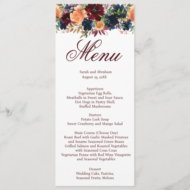 Menu Cardápio de Casamento Azul Naval Borgonha Vinho Do (Frente)
