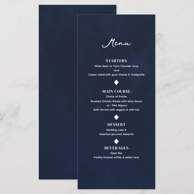 Menu Cardápio de Casamento Azul Naval Minimalista Moder (Frente/Verso)