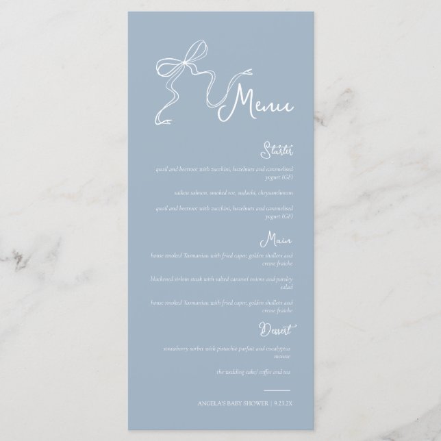 Menu Cardápio de Casamento Azul Poeira Mágico Desenhado (Frente)