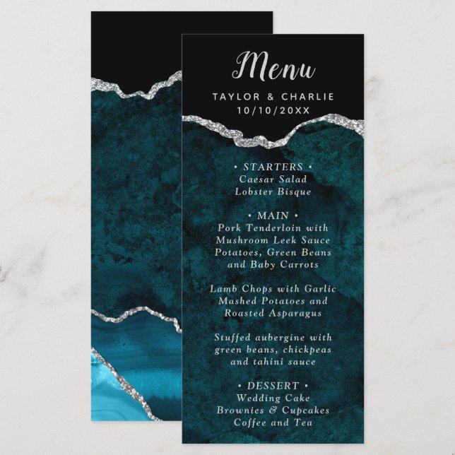 Menu Cardápio de Casamento Azul Teal e Ágata Prateada (Frente/Verso)