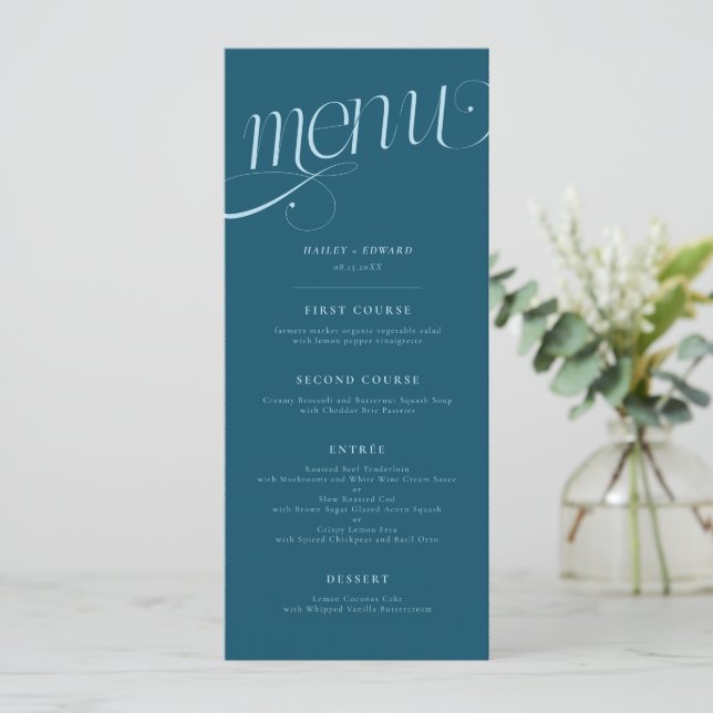 Menu Cardápio de Casamento Azul Turquesa com Espiral El (Em pé/Frente)