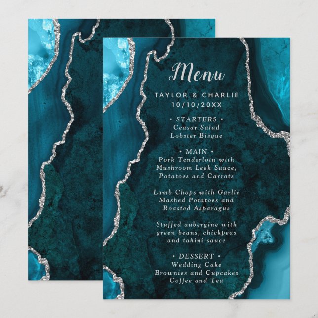 Menu Cardápio de Casamento Azul Turquesa e Ágata Pratea (Frente/Verso)